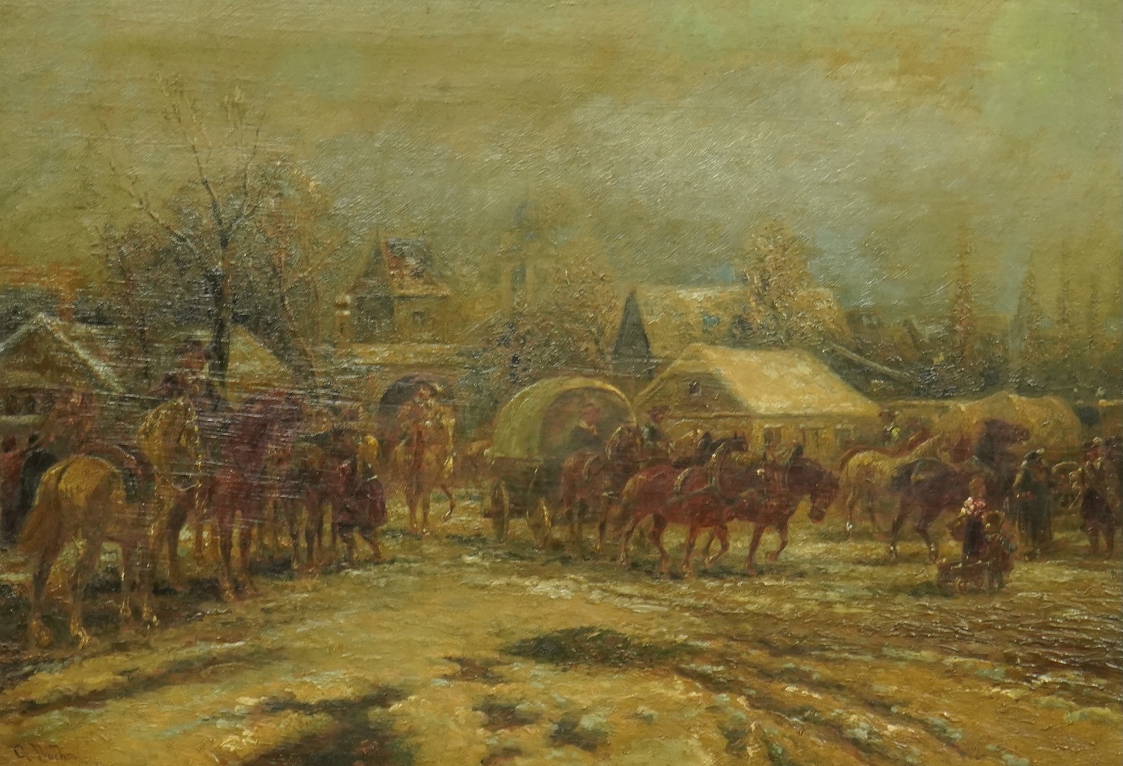 Gustav Prucha (Austrian, 1875-1952), Winter landscape with equestrians, oil on wooden panel, 36 x 51.5cm